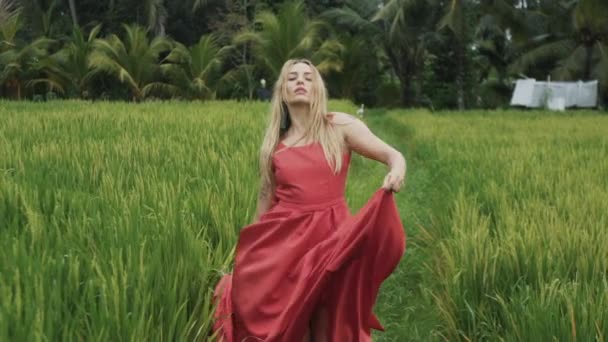 En närbild av en ung flicka som går längs ett risfält, vinka hennes silk flödar kjol, vinden utvecklar hennes hår, hon fokuserar framåt, promenader bort från palm djungeln, Slowmotion-skytte. — Stockvideo