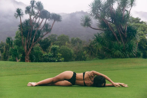 スポーティなスレンダーボディと比喩的な少女モデル草に位置し、山々 と木々 の景色. — ストック写真