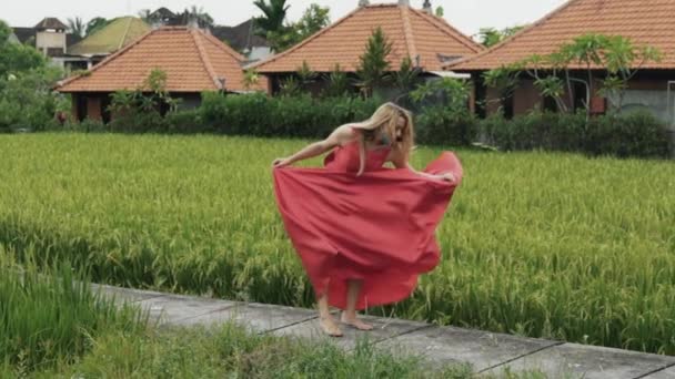 Een vrouw met een projectieve figuur-dansen alleen op het veld van de rijst zelf, neemt haar lange rok en een rok van een lichte jurk toont haar benen, springt en loopt in het frame, maakt een verticale bindgaren in een langzame — Stockvideo