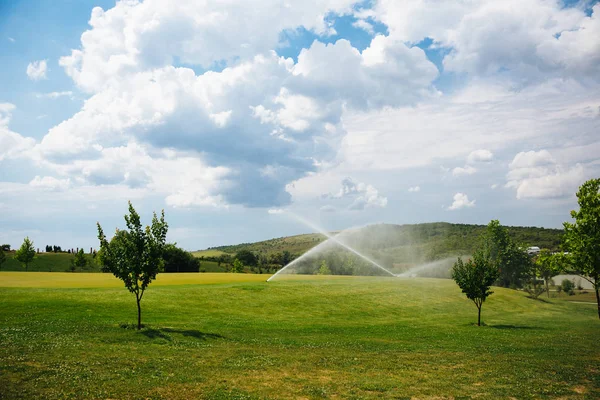 Steppe hills in the summer, watering works on the territory of the country club. The concept of hot summer days, blue sky and white clouds, lilac grass on hilly terrain. — Stock Photo, Image