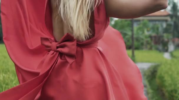 Womans szervre van öltözve egy hosszú vörös ruhát egy nagy íj vissza a közeli, vágott váz. A keretben, a mellkas és a pap, a lány a rizs mező forog élvezi — Stock videók