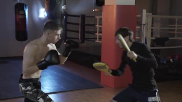 Boxer v ringu splňuje profesní ránu. Kouč pomáhá jeho sboru pole, používá boxu tlapky. Pojem lidé, sporty, box, sportovní vybavení. — Stock video