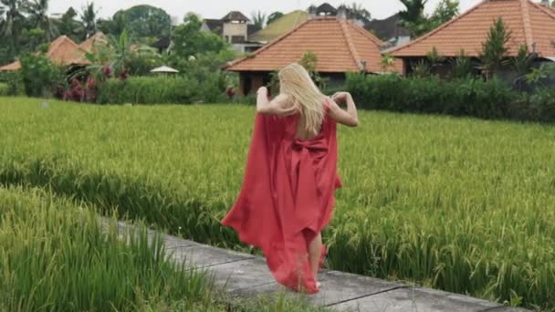 A slim, graceful, athletic young girl with white skin lifted the long skirt of the dress and strolled along the path between the rice fields, shows her pumped legs, dances, moves lightly, plays with — Stock Video