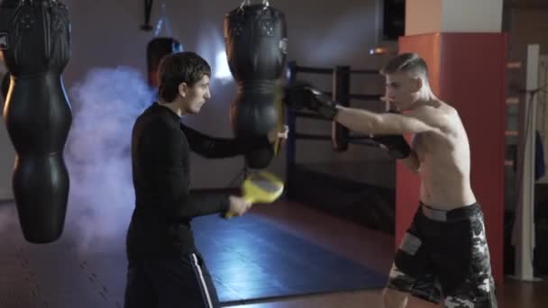 Boxaren uppfyller slagen tillsammans med coachen. En sport kille i boxning handskar på boxning tassar, coachar ett slag. Begreppet sport, boxning, män, blåser. — Stockvideo