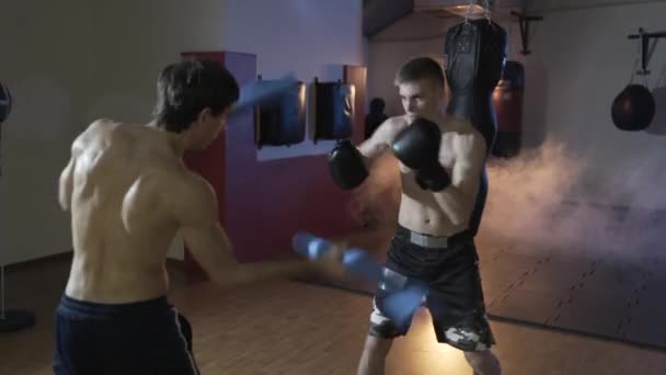 Cropped frame, the boxer trains with his coach, fulfills the speed and accuracy of the impact. Boxing Gym, training of sportsmen against the background of boxing pears and ringside. — Stock Video