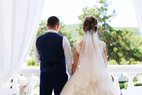 Bruden och brudgummen håller händer och vände, bakifrån — Stockfoto