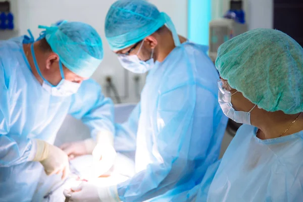 Uma equipe de médicos em roupas médicas estéreis realiza uma operação em um hospital. Trabalho profissional na clínica, cirurgiões são homens com uma mulher assistente. O conceito de saúde, medicina . — Fotografia de Stock
