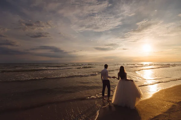 Una bella coppia di sposi novelli, gli sposi che camminano sulla spiaggia. Splendido tramonto e cielo. Abiti da sposa, un abito bianco di lusso per una ragazza. Concetto di famiglia, luna di miele . — Foto Stock