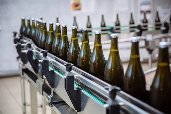 Butelki szklane na linii automatycznych przenośników w fabryce szampana lub wina. Roślina do rozlewania napojów alkoholowych. — Zdjęcie stockowe