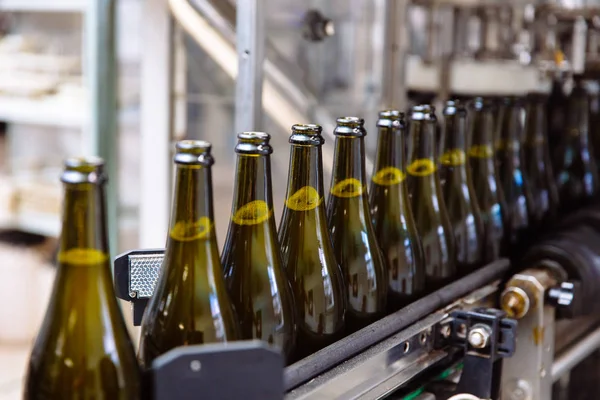 Butelki szklane na linii automatycznych przenośników w fabryce szampana lub wina. Roślina do rozlewania napojów alkoholowych. — Zdjęcie stockowe