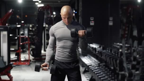 Stark muskulös man gör sport övningar med hantlar, tränar biceps, muskler i händer i mörka gymmet. En sportig kille är engagerad i fitness. Begreppet idrott, hälsa. — Stockvideo