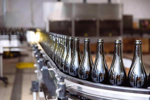 Glasflaskor på raden Automatisk transportband på champagne eller vin fabriken. Anläggning för buteljering alkoholhaltiga drycker. — Stockfoto