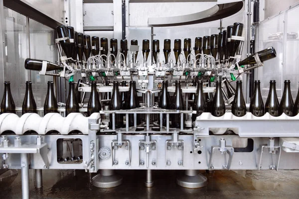 Glasflaskor på raden Automatisk transportband på champagne eller vin fabriken. Anläggning för buteljering alkoholhaltiga drycker. — Stockfoto