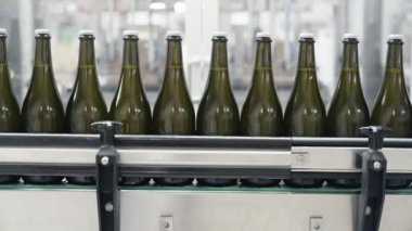 Yakın çekim yeşil renk şişe şampanya veya şarap fabrikası'nda konveyör hattı boyunca hareket