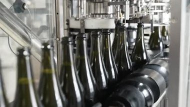 Yakın çekim yeşil renk şişe şampanya veya şarap fabrikası'nda konveyör hattı boyunca hareket