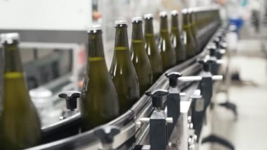 Yakın çekim yeşil renk şişe şampanya veya şarap fabrikası'nda konveyör hattı boyunca hareket
