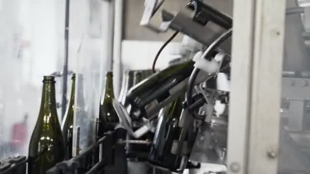Скляні пляшки на лінії автоматичного конвеєра на шампанському або винному заводі. Рослина для розливу алкогольних напоїв . — стокове відео
