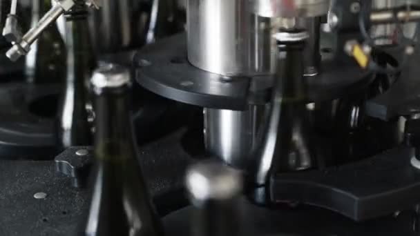 Las botellas de color verde de primer plano se mueven a lo largo de la línea transportadora en una fábrica de champán o vino — Vídeo de stock