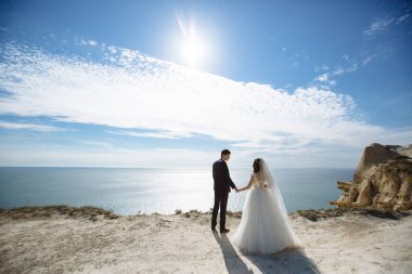 Gelin ve damat cliff okyanus ve mavi gökyüzü arka plan üzerinde güneşli gün duruyorsun
