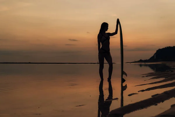 Silueta de chica delgada con tabla de surf en las manos en la playa en el fondo de la hermosa puesta de sol — Foto de Stock