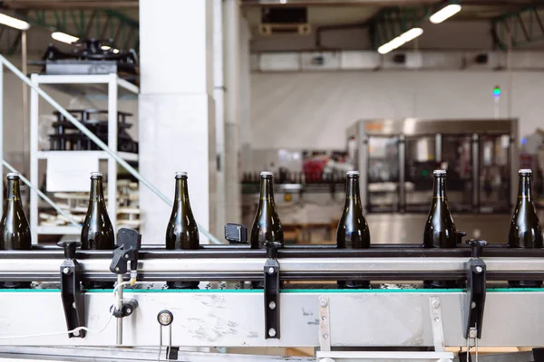 Glasflaskor på raden Automatisk transportband på champagne eller vin fabriken. Anläggning för buteljering alkoholhaltiga drycker. — Stockfoto