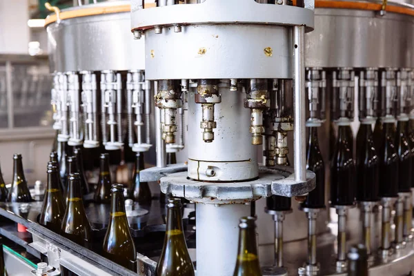 Glasflaskor på raden Automatisk transportband på champagne eller vin fabriken. Anläggning för buteljering alkoholhaltiga drycker. — Stockfoto