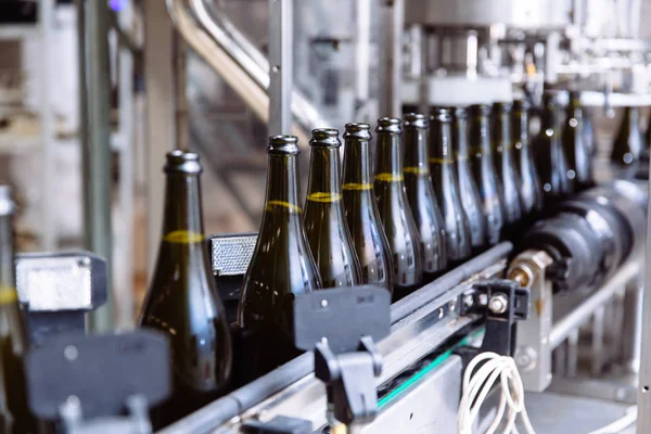 Botol kaca pada baris konveyor otomatis di pabrik sampanye atau anggur. Tanaman untuk botol minuman beralkohol . — Stok Foto