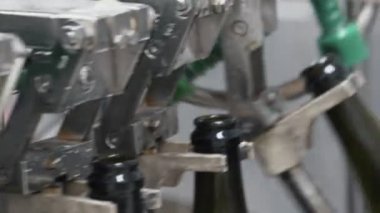 Cam şişe şampanya veya şarap fabrikası'nda otomatik konveyör satırındaki. Alkollü içecekler şişeleme tesisi.