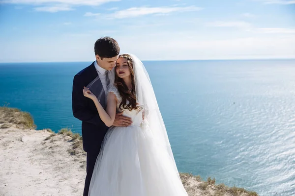 Ritratto di sposi il giorno del matrimonio a scogliera con bella vista sull'oceano — Foto Stock