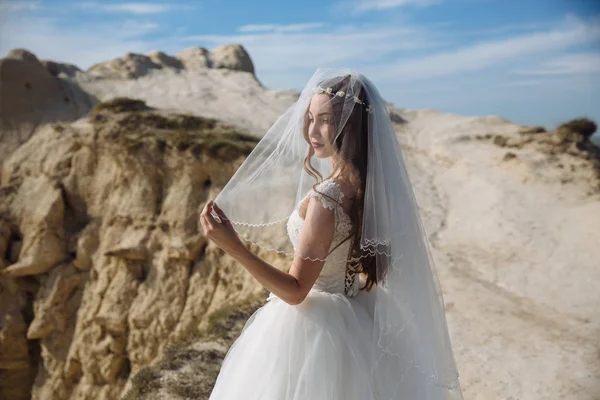 Portré Fátyol Arcán Fehér Esküvői Ruha Gyönyörű Menyasszony Boldog Mosolygó — Stock Fotó