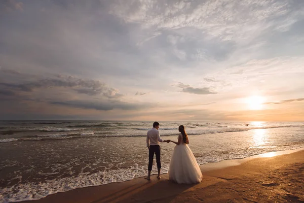 Eleganti splendidi sposi che passeggiano sulla spiaggia dell'oceano durante il tramonto. Passeggiata romantica sposi sull'isola tropicale — Foto Stock