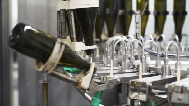 Slow motion, glasflaskor på raden Automatisk transportband på champagne eller vin fabriken. Anläggning för buteljering alkoholhaltiga drycker. — Stockvideo