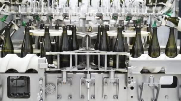 Slow-motion, glass bottles on the automatic conveyor line at the champagne or wine factory. Plant for bottling alcoholic beverages. — Stock Video