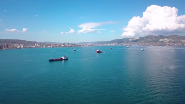 Images aériennes des navires-citernes sur l’eau par jour ensoleillé, vue grand angle — Video
