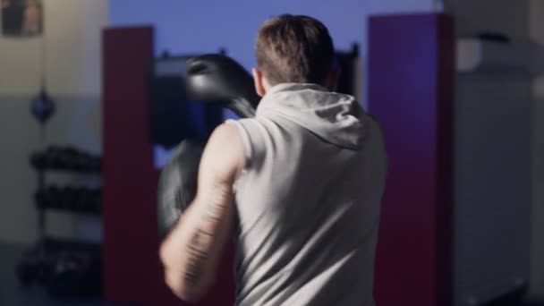 Backside Visa Boxer med tatuering på sin hand gör strejker med skugga inomhus, slow motion. — Stockvideo