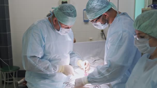 Ομάδα γιατρών και νοσοκόμου με αποστειρωμένα ρούχα κατά τη διάρκεια της χειρουργικής επέμβασης. Χειρουργός στο χειρουργείο, πλευρική θέα — Αρχείο Βίντεο
