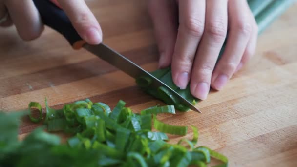 Feche as mãos de cozinheiro cortando cebolas verdes na tábua de madeira. Legumes conceituais — Vídeo de Stock
