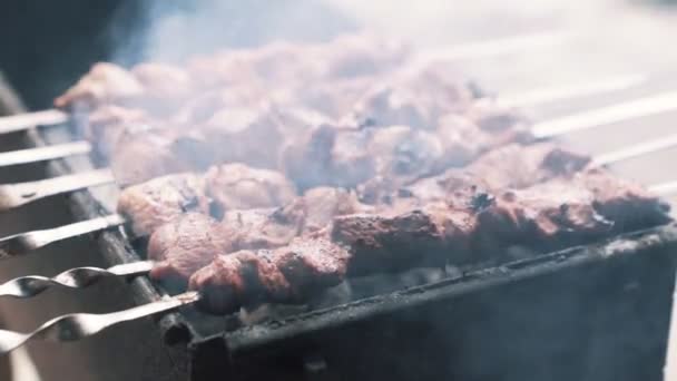 Primer plano de carne asada giratoria en brochetas, cámara lenta, comida callejera . — Vídeos de Stock