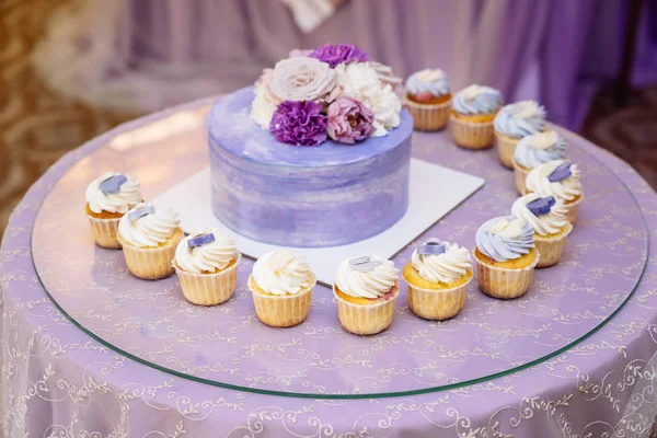 Una barra de caramelo y pastel de bodas. Mesa con dulces, buffet con cupcakes, dulces, postres —  Fotos de Stock