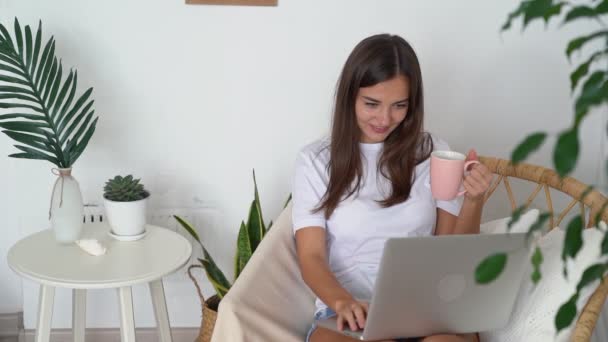 Ragazza si siede sulla sedia con il computer portatile e tiene la tazza nelle sue mani, interno della casa, rallentatore . — Video Stock