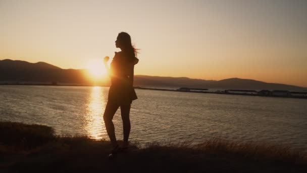 La silueta de la mujer joven mira la puesta de sol hermosa en la playa, cámara lenta — Vídeo de stock