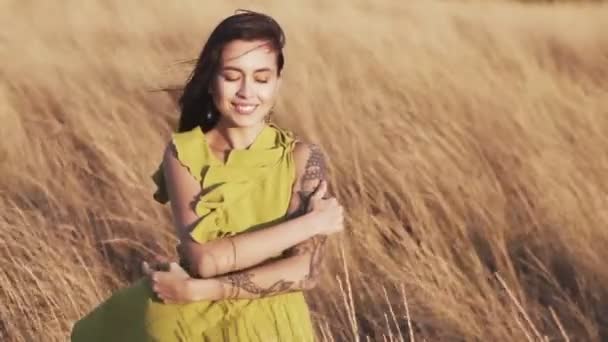 Девушка позирует в поле, улыбается, обнимается, ветер дует ее волосы, замедленное движение — стоковое видео