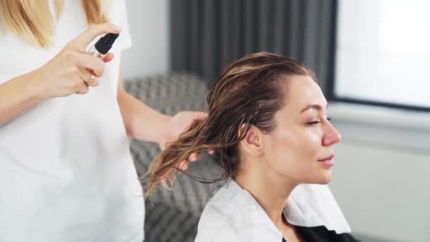 Kuaför, güzellik salonundaki genç bir kadının ıslak saçlarına bakım ürünü uyguluyor. — Stok video