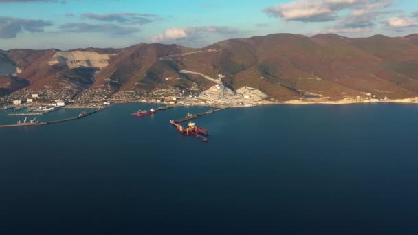Légnézet, hajók berakodás és kirakodás közben a tengeri kereskedelmi kikötőben — Stock videók