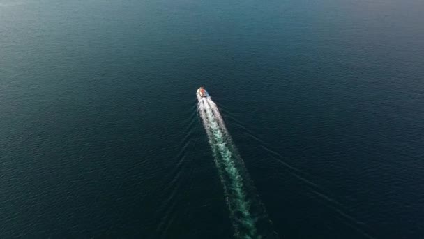 A tengeren a berakodási kikötőbe tartó nagy, üres konténerszállító hajó felső légi kilátása — Stock videók