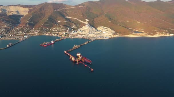 Aerial view, ships during loading and unloading at sea trade port — Stock Video