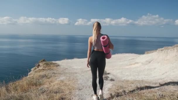 Vue de derrière, femme en tenue de sport va au bord de la falaise, ouvre ses bras larges — Video