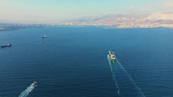 Вид з повітря після ультра-великого вантажного корабля в порту морського листя в сонячний день — стокове відео