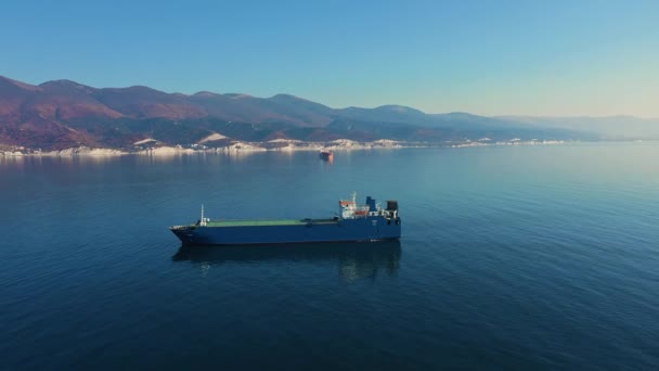 Bovenaanzicht vanuit de lucht op ultragroot vrachtschip op zee verlaat haven op zonnige dag — Stockvideo