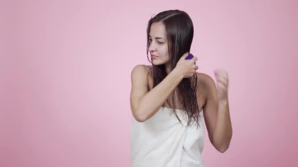 Woman combs wet hair with hairbrush after shower isolated on pink background — Stock Video